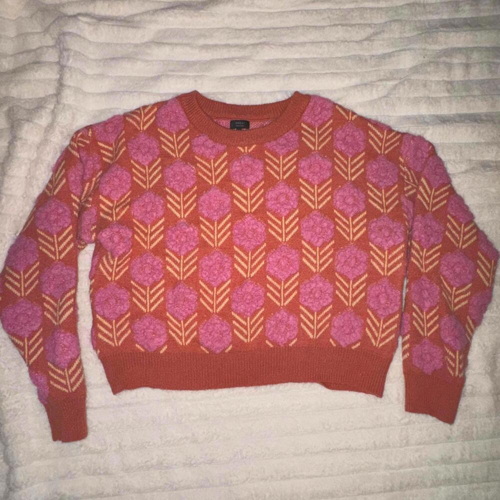 Debut Floral Cropped Sweater M/L Pink Boho Knit Retro Cottagecore Hippie Fairy